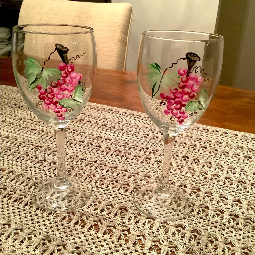 Beautiful hand-painted set of two grape pattern, wine glasses